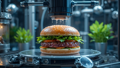 A futuristic 3d render of a labgrown burger being assembled by a robotic arm in a hightech laboratory setting with plants in the background
