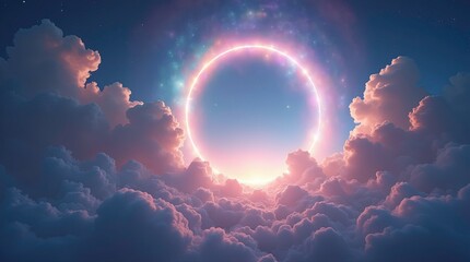Surreal celestial scene featuring a massive glowing vortex or portal in the sky surrounded by soft clouds