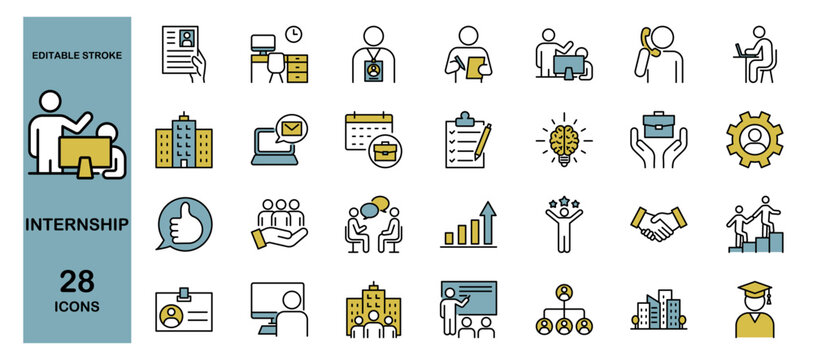 Internship Icon Set – Students, Training, Job, Resume, Interview, Teamwork, Business, Education, Mentor, ID, Phone Support. Editable Stroke, Colored Vector Illustration