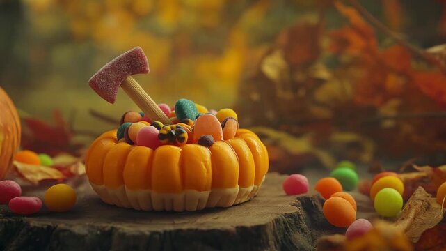 A pumpkin shaped dessert is creatively topped with a variety of colorful candies on a wooden surface, amidst a backdrop of autumn leaves