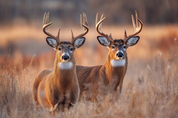 Stunning Closeup of Whitetail Bucks in a Sunlit Field During Fall, Showcasing Grooved Antlers and Rich Fur