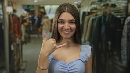 Woman smiling and pointing while showing a call gesture with hand in a clothing store building...
