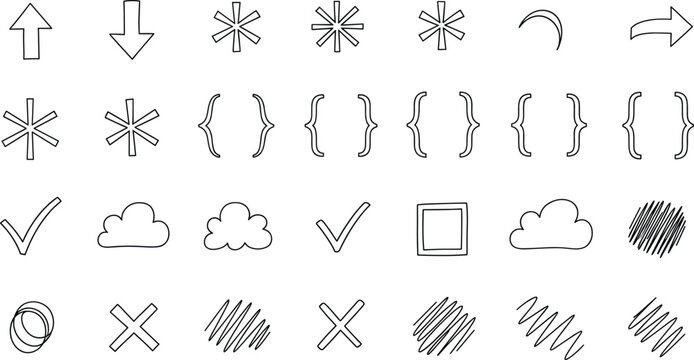 Hand Drawn Arrows, Asterisks, Brackets, Check Marks, Clouds, Crosses, Scribbles, Rings, Shapes for Creative Design and Annotation