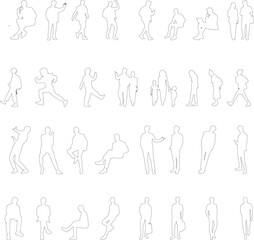 Set of 32 linear silhouettes of seated people, designed for use in architectural plans, sections, and layouts.   © Marta