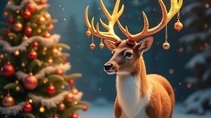 Majestic Reindeer with Golden Antlers Decorated with Baubles and Ribbons by Christmas Tree – Luxury Festive Scene