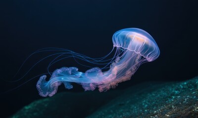 Fototapeta premium Subaquatic jellyfish, translucent pink-blue, dark backdrop
