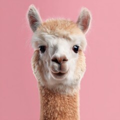 Obraz premium Playful Alpaca on a Vibrant Pink Canvas â€“ A Humorous Farm Animal Isolated in Nature