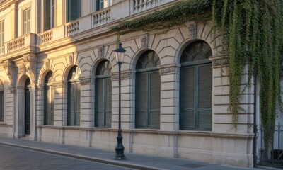 Fototapeta premium Sunlight on a historic European building facade with arched windows and ivy