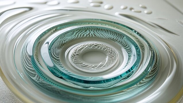 Multiple sets of overlapping water ripples on a liquid surface. A complex and beautiful abstract pattern representing interaction, connection, and multiple impacts.