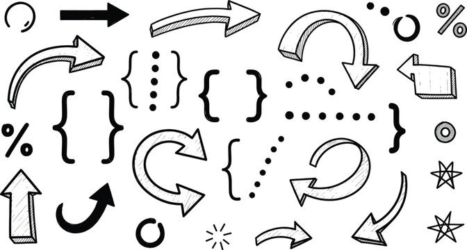 Hand Drawn Arrows, Brackets, Stars, Dots, Percentage Signs, Circles for Creative Design, Flowcharts, Annotation, Presentation, Communication