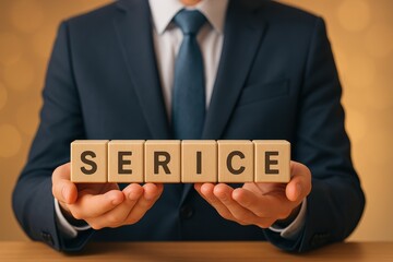 Obraz premium Business Professional Holding Blocks with the Word Service in a Studio Setting