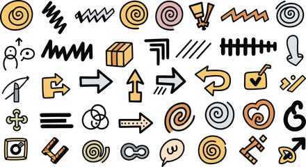 Colorful hand-drawn icons including arrows, bubbles, shapes, symbols, check marks for UI, infographic, presentation, annotation, design use