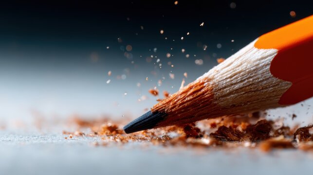 An artistic close-up of an orange pencil creating precise shavings, highlighting the beauty of creativity, craftsmanship, and the joy of putting thoughts on paper.