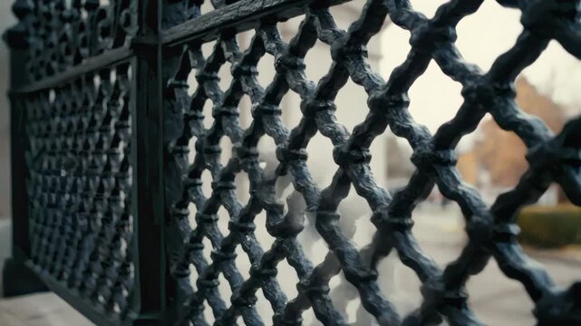 Close-up of weathered dark wrought iron fence lattice structure outdoors.
