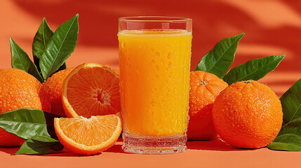 Juice glass surrounded by whole and sliced oranges with green leaves and condensation