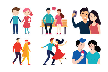 Cartoon Couples in Romantic and Fun Activities Vector Set