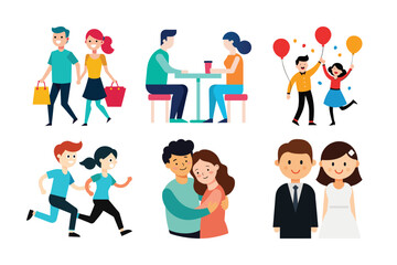 Cartoon Couples in Lifestyle, Fitness, and Celebration Scenes Vector Set