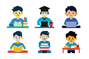 Cartoon Students Studying and Learning in Academic Settings Vector Set