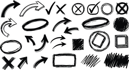 Hand-drawn sketch symbols including arrows, check marks, shapes, scribbles, icons for infographic, presentation, annotation, comic, design use
