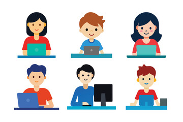 Cartoon Office Workers Using Computers in Remote Work and Digital Collaboration