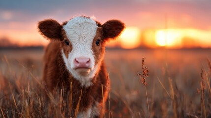 A charming calf gazing directly into the camera in a golden field as the sun sets, capturing a moment of innocence and the beauty of rural life.