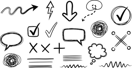 Hand-drawn sketch symbols including arrows, bubbles, check marks, scribbles, shapes for infographic, presentation, comic, annotation, design use