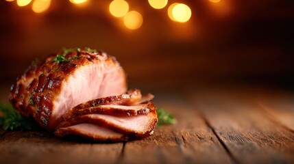 A perfectly roasted glazed ham sits invitingly on a rustic wooden board, garnished with fresh herbs, showcasing an appetizing and festive culinary masterpiece.