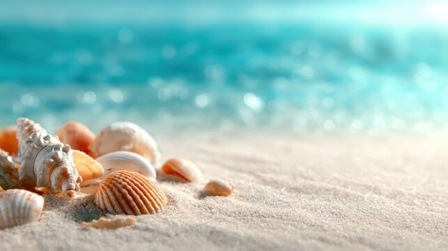 A collection of beautiful seashells nestled in soft sand, with the ocean surf in the background, embodying the serenity and beauty of coastal life and nature's treasures.