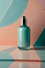 Modern abstract mockup for cosmetic product presentation. In the foreground is a glass bottle