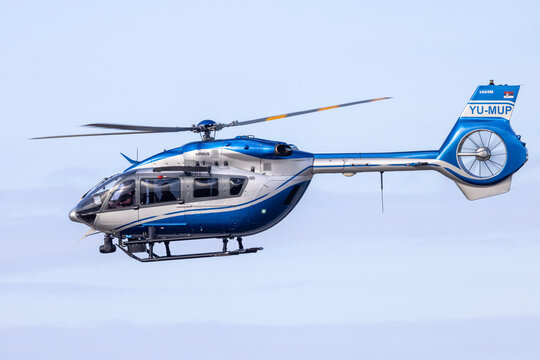 Luqa, Malta - September 26, 2025: Serbian Police Airbus H145M (Reg.: YU-MUP) arriving late evening runway 31.