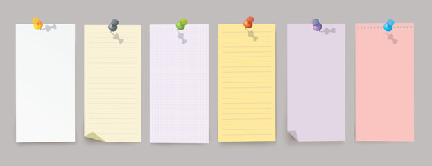 Vector set of vertical different note papers with pins and shadow on transparent background.