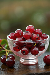 Juicy cranberries, collected in a transparent glass bowl, with sparkling dew drops on the surface