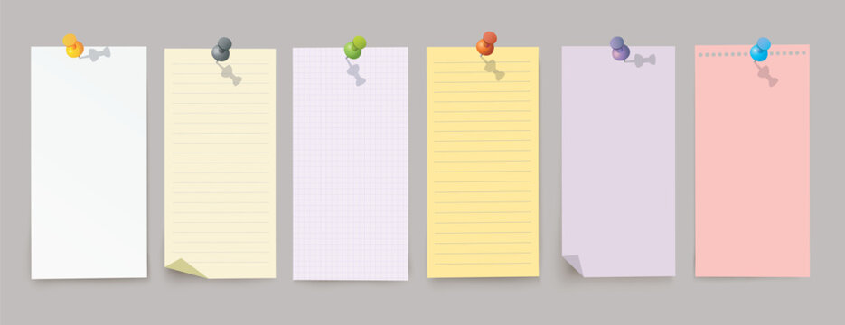 Vector set of vertical different note papers with pins and shadow on transparent background.
