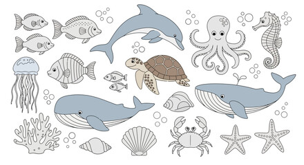 Fototapeta premium Illustration featuring various marine animals, including fish, whales, and other sea creatures.