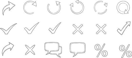 Hand-drawn outlined icons including arrows, check marks, bubbles, symbols, signs for interface, infographic, comic, presentation, annotation use