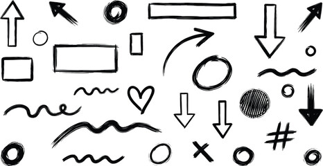 Hand Drawn Arrows, Shapes, Hashtags, Hearts, Crosses, Squiggles, Circles for Creative Design, Annotation, Presentation, Visual Communication