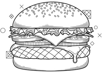 Modern cheeseburger with abstract geometric shapes. Trendy black and white vector line art for a pop art style poster, restaurant menu, or a fun coloring book page.

