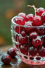 Juicy cranberries, collected in a transparent glass bowl, with sparkling dew drops on the surface