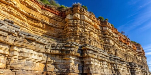 Obraz premium Layered rock formations, a majestic coastal cliff face under a vibrant blue sky, showcasing nature's artistry and geological processes over time.