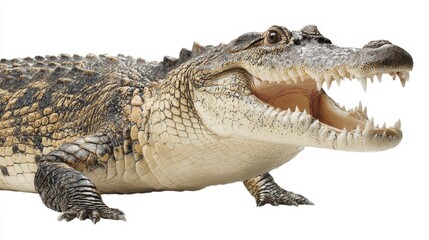 Obraz premium Giant Alligator with Mouth Agape on a Clean White Backdrop, Showcasing Its Fearsome Jaw and Wild Tongue