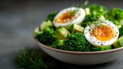 A fresh, vibrant salad featuring creamy poached eggs, crisp broccoli, and rich avocado, showcasing the essence of healthy eating and culinary creativity on a stylish plate.