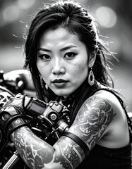 portrait of beautiful biker woman with tattoos