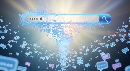 Conceptual artwork of a search bar transforming into a vast network of digital information and social interactions