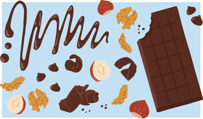 Vector set of chocolate elements including bar, swirl, drops, shavings, walnuts, and hazelnuts. Ideal for food packaging, dessert illustration, confectionery design, and sweet treat graphics