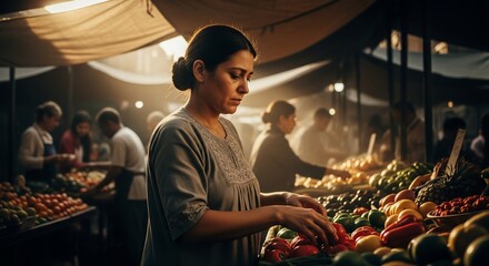 A woman carefully selects fresh produce at a bustling outdoor market stall, surrounded by other shoppers.