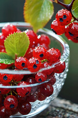 Juicy clusters of viburnum, gathered in a transparent glass bowl, with sparkling dew drops on the berries