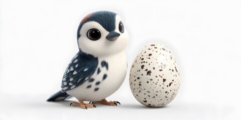 Cute cartoon bird character with spotted egg on white background