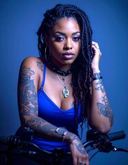 portrait of beautiful biker woman with tattoos