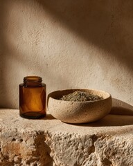 Natural Herbs on a Stone Shelf in Warm Sunlight