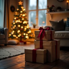 An array of elegant Christmas gift boxes wrapped in red paper,